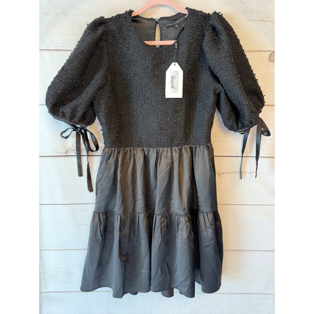 English Factory Satin Contrast Tweed Mini Dress Black Puff Sleeve JJ1832D Size M